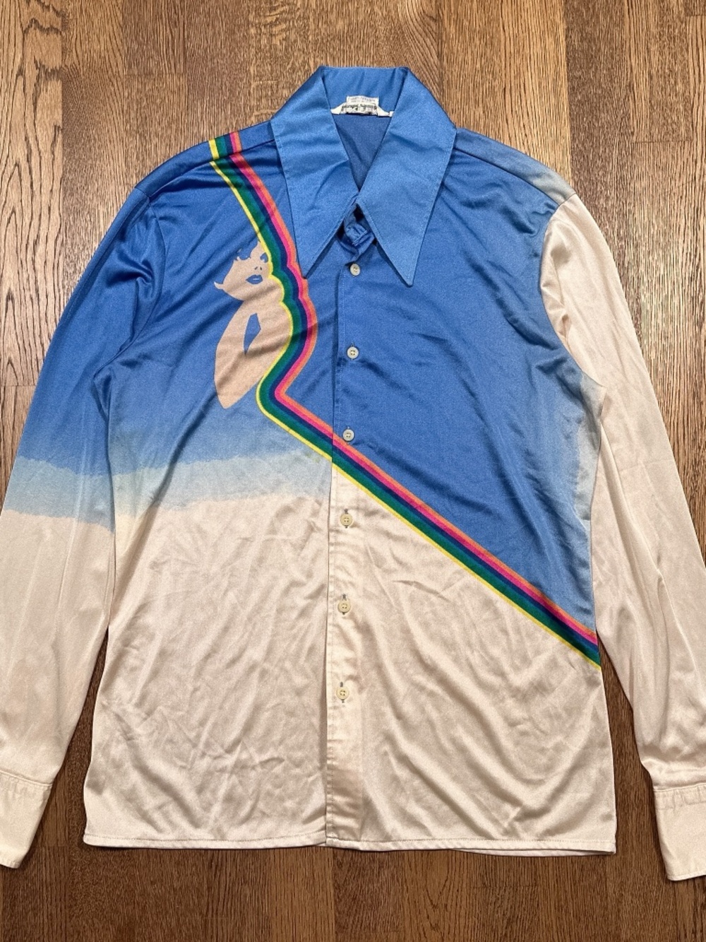 Vintage 70s Nik-Nik Italy Made Disco Girl Rainbow Ombre L/S Satin Shirt Mens L